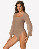 Taupe puff long-sleeve bodysuit with square neckline and fitted high-cut leg