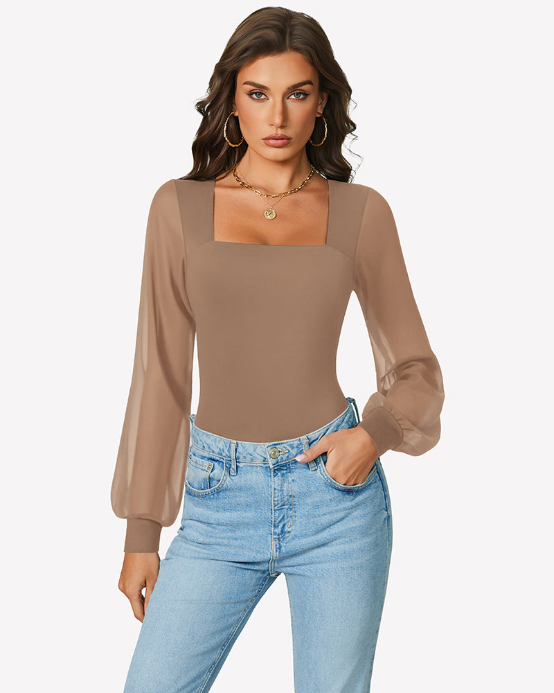 Mocha puff long-sleeve bodysuit with square neckline and sheer sleeves