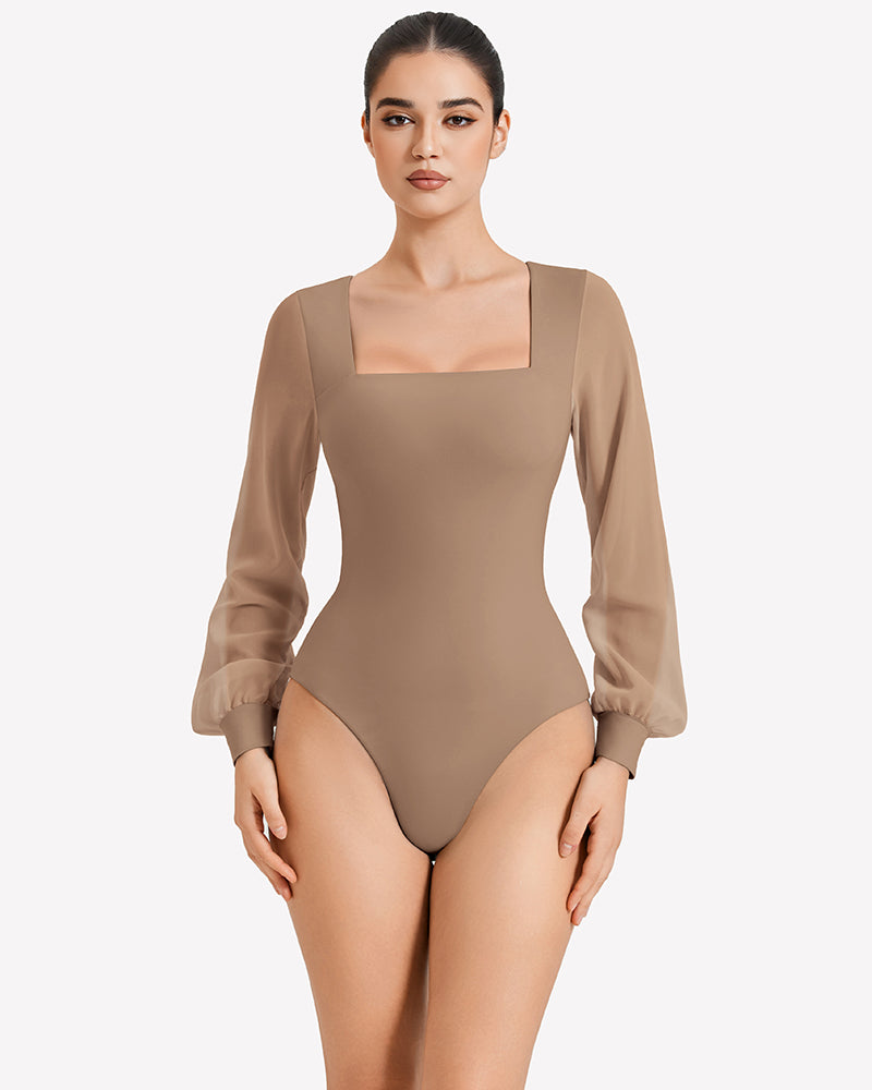 Nude puff long-sleeve bodysuit with square neckline and fitted high-cut leg