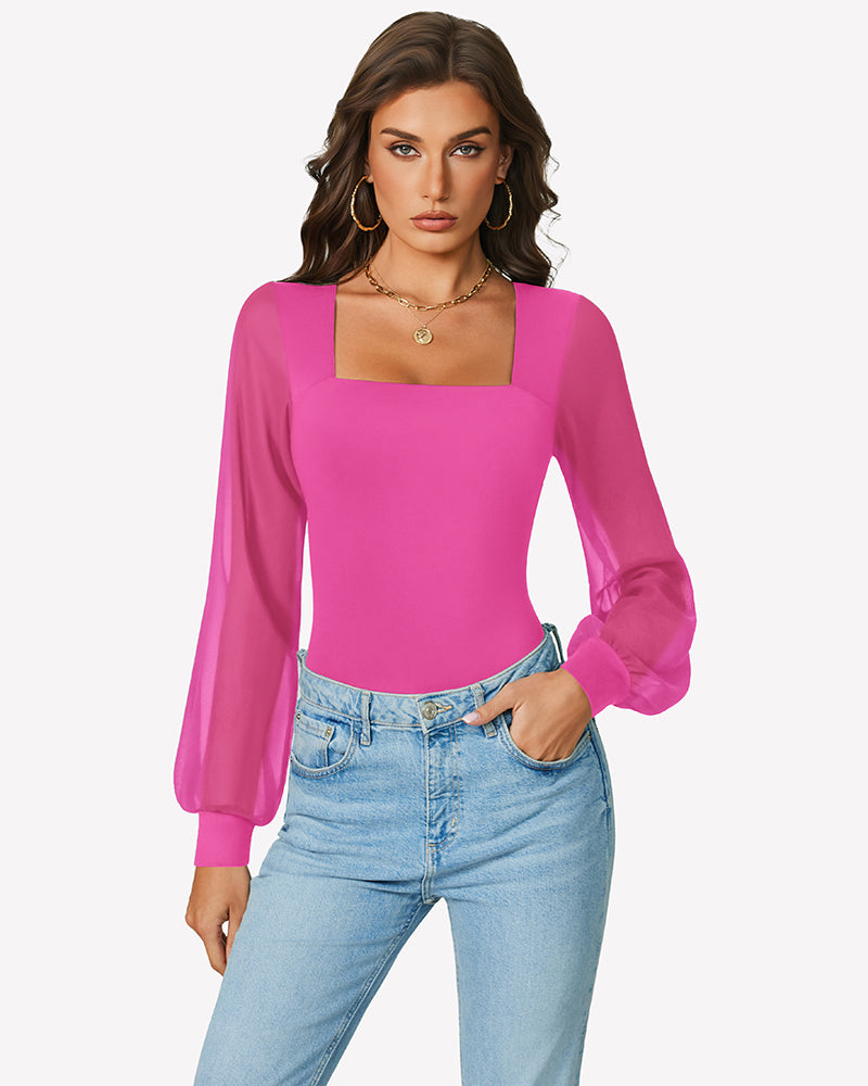 Hot pink puff long-sleeve bodysuit with square neckline, worn over blue jeans
