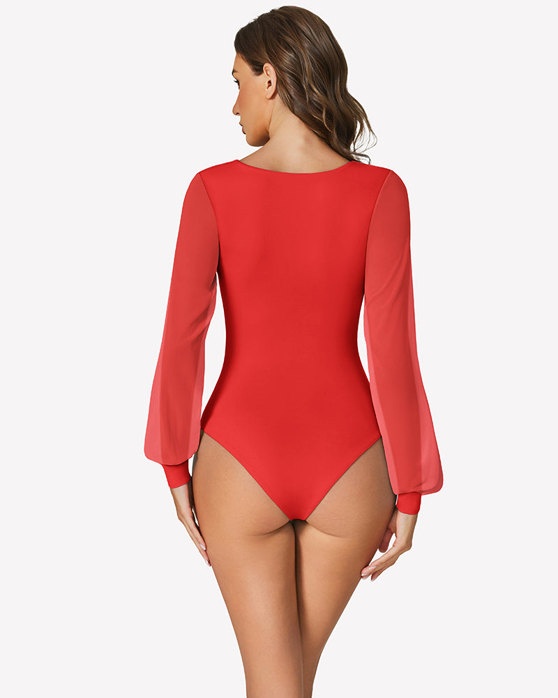 Red puff long-sleeve bodysuit with square back and fitted high-cut legs