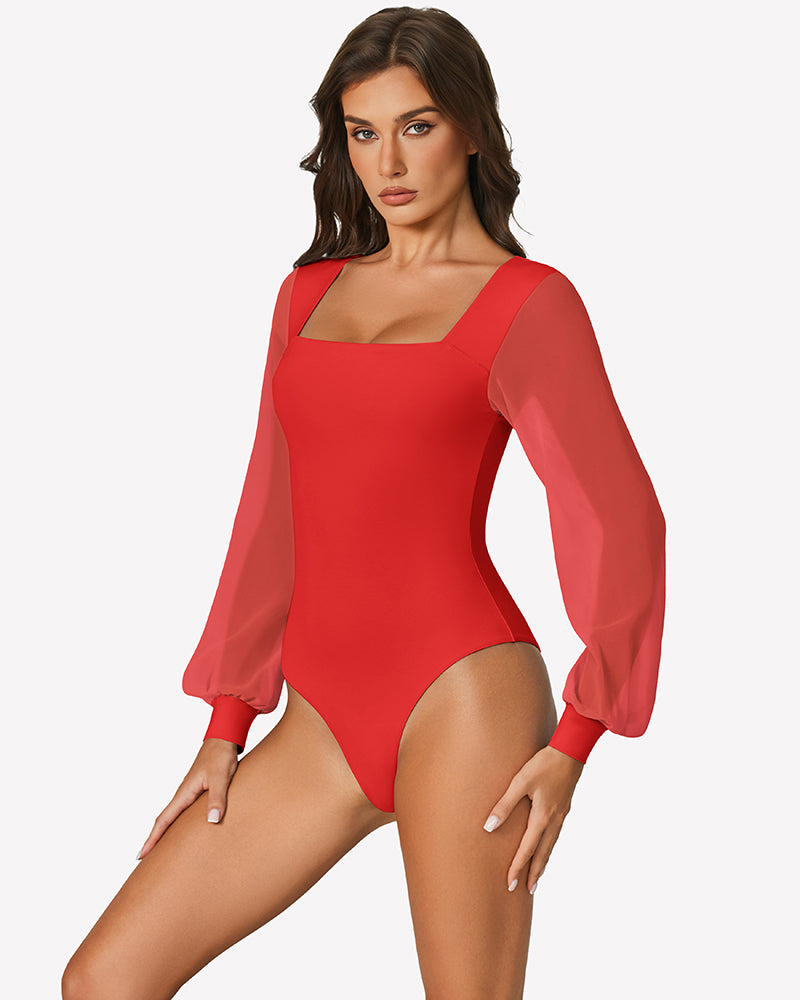 Red puff long-sleeve bodysuit with square neckline and fitted high-cut leg