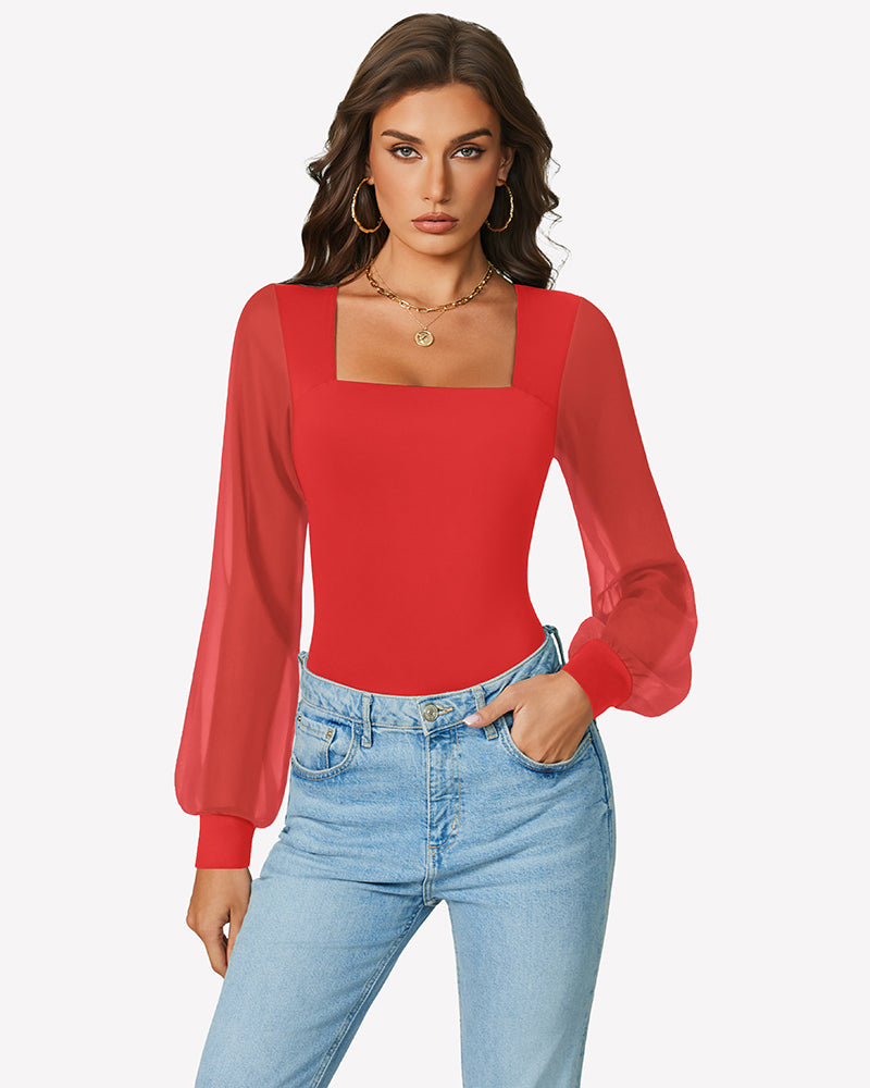Red puff long-sleeve bodysuit with square neckline, worn with blue jeans