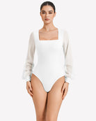 White long-sleeve puff-sleeve bodysuit leotard with square neckline