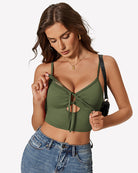 Green tie-front crop tank top with adjustable center drawstring cutout.