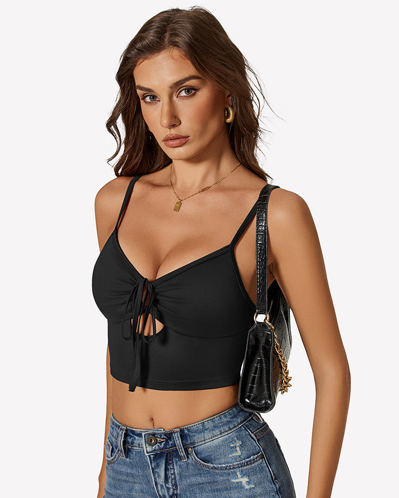 Black tie-front crop tank top with thin straps and center tie cutout.