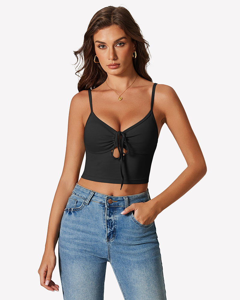 Black tie-front crop tank top with scoop neck and center drawstring cutout.