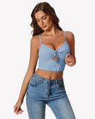 Light blue tie-front crop tank top with center tie cutout and thin straps.