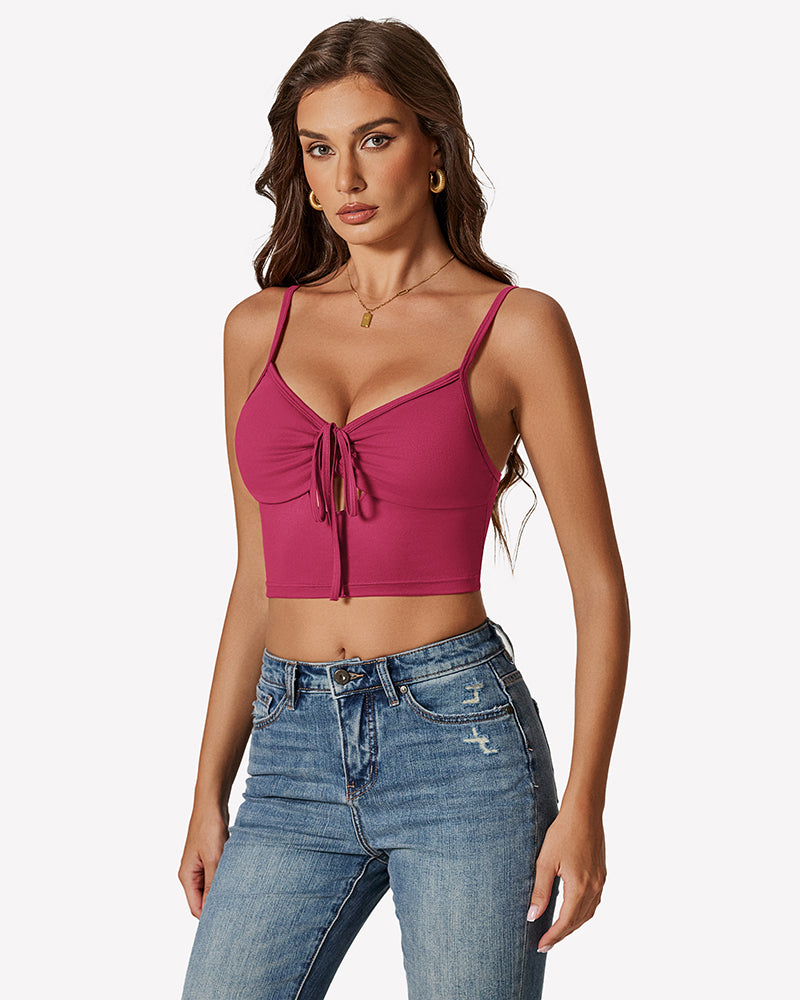 Tie-front crop tank top in magenta pink with V-neck and drawstring bow
