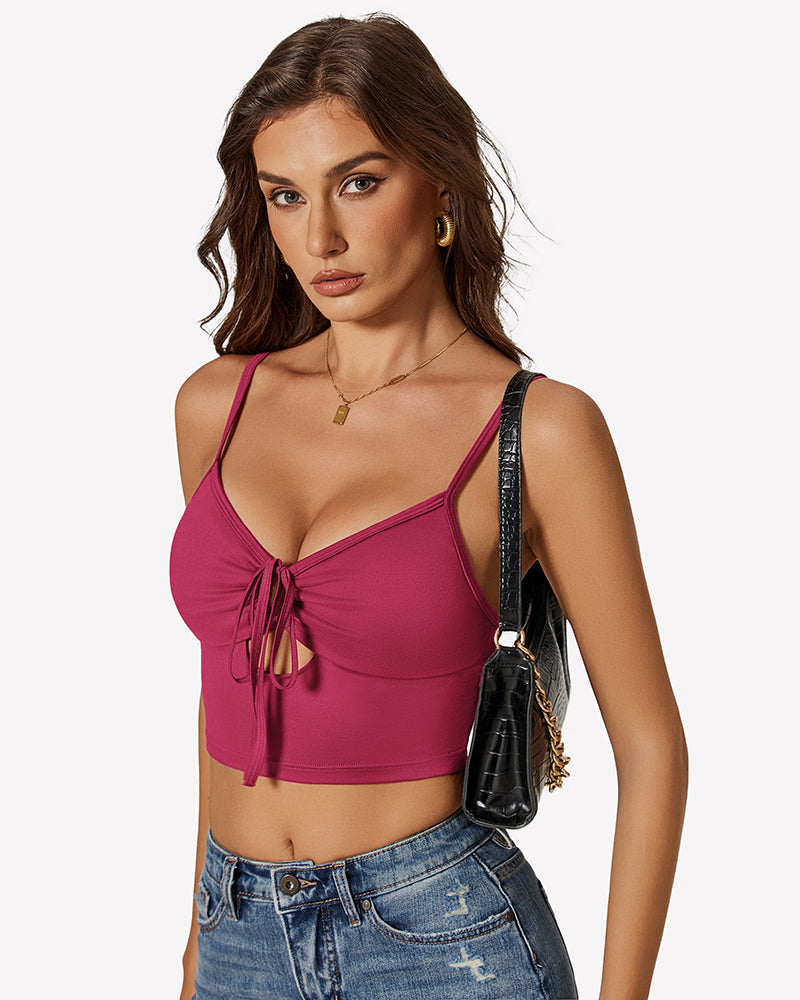 Tie-front crop tank top in magenta pink with V-neck and drawstring bow
