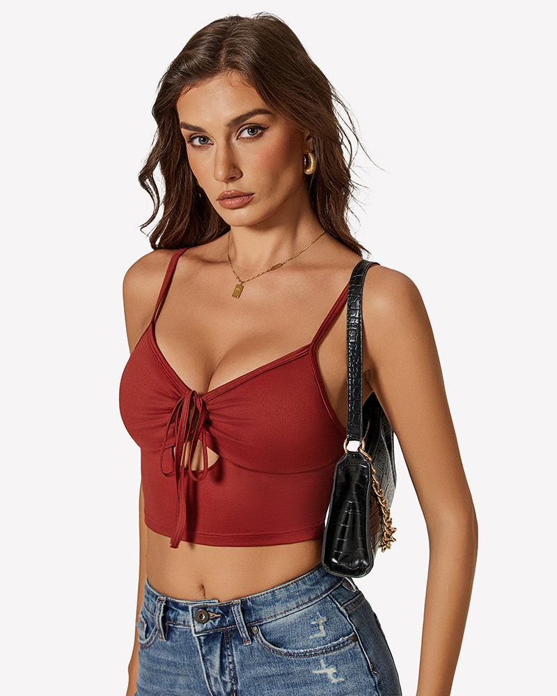 Tie-front crop tank top in wine red with V-neck and drawstring bow
