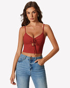 Tie-front crop tank top in wine red with V-neck and drawstring bow