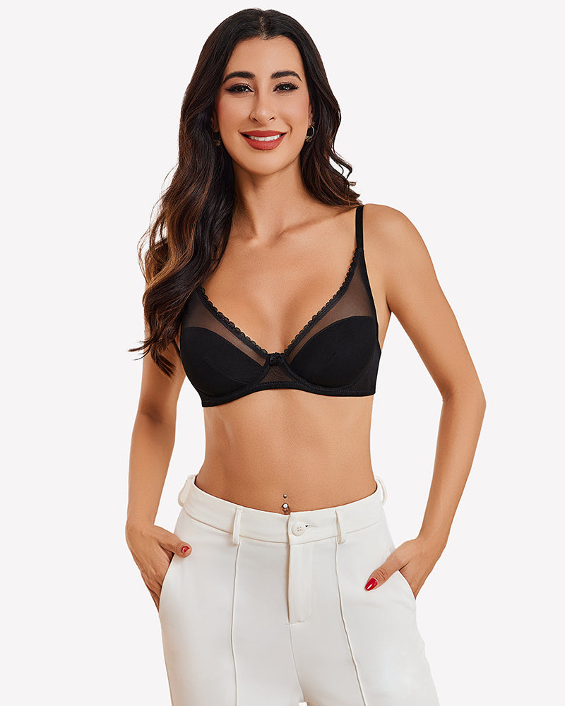 Black mesh underwire full-coverage bra with lace-trim cups and adjustable straps