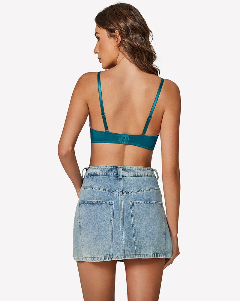 Peacock blue mesh underwire full-coverage bra back with adjustable shoulder straps
