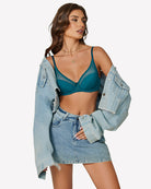 Peacock blue mesh underwire full-coverage bra with lace-trim cups and center detail