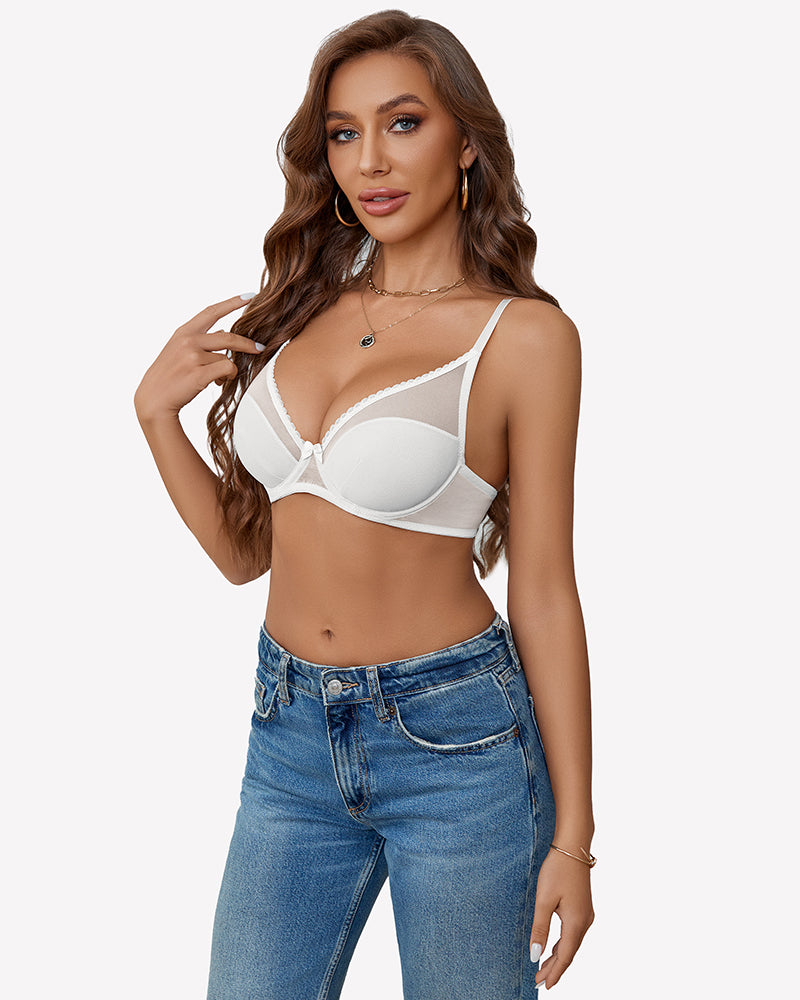 Full coverage mesh underwire bra, white plunge neckline and lace-trim cups