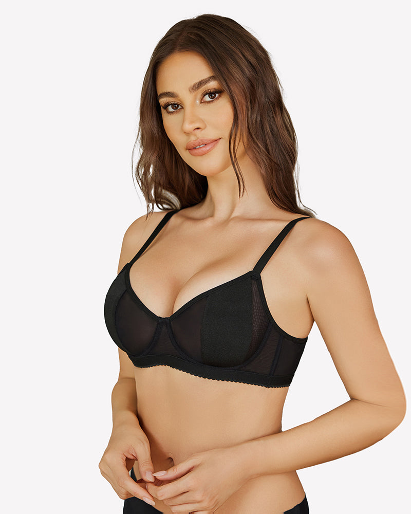 Sheer mesh push-up bra with underwire and adjustable straps, black