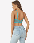 Back view of sheer mesh push-up bra with adjustable straps, teal blue