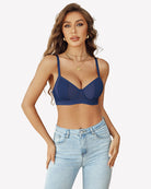 Sheer mesh push-up bra with underwire and adjustable straps, navy blue