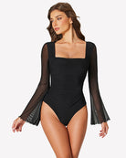 Black square-neck mesh bodysuit with long bell sleeves, flared cuffs, fitted.