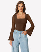 Brown square-neck long-sleeve mesh bodysuit with bell sleeves and gathered waist.