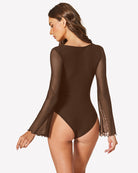 Brown square-neck mesh bodysuit with long bell sleeves and back view.