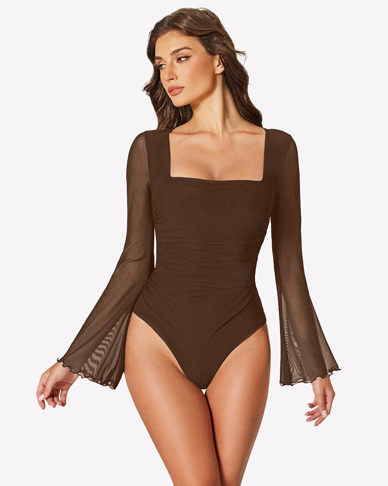 Brown square-neck mesh bodysuit with long flared sleeves and high-cut leg.
