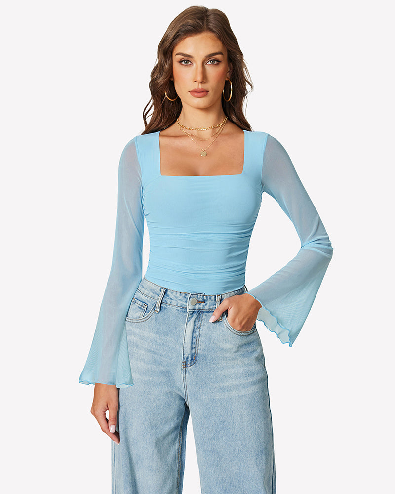 Light blue square-neck long-sleeve mesh bodysuit with bell cuffs and fitted waist.