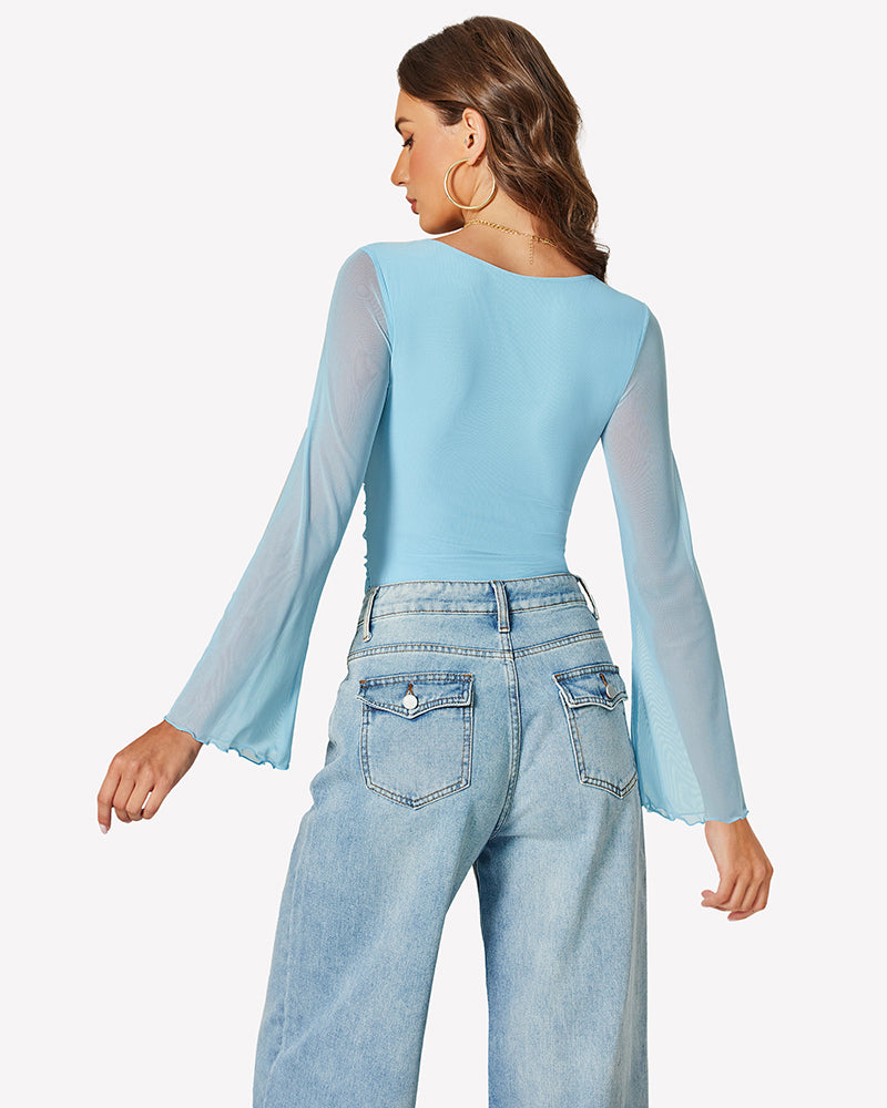 Light blue square-neck mesh bodysuit with long flared sleeves, back view.