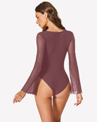 Deep purple square-neck mesh bodysuit with long bell sleeves, back view.