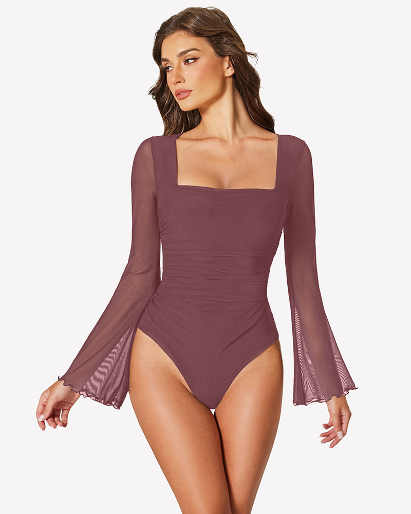 Burgundy long-sleeve mesh square-neck bodysuit with flared bell sleeves