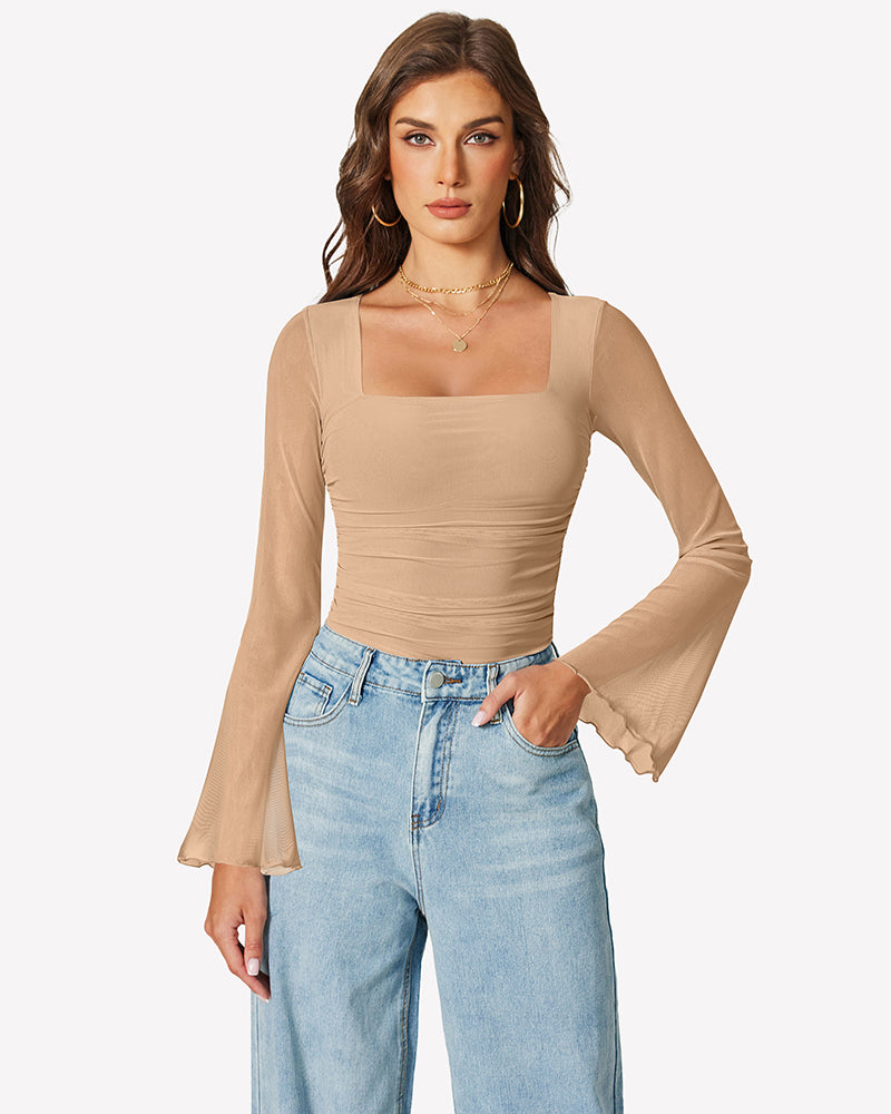 Khaki long-sleeve mesh square-neck bodysuit with flared bell cuffs