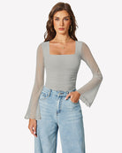 Light grey long-sleeve mesh square-neck bodysuit with flared bell sleeves