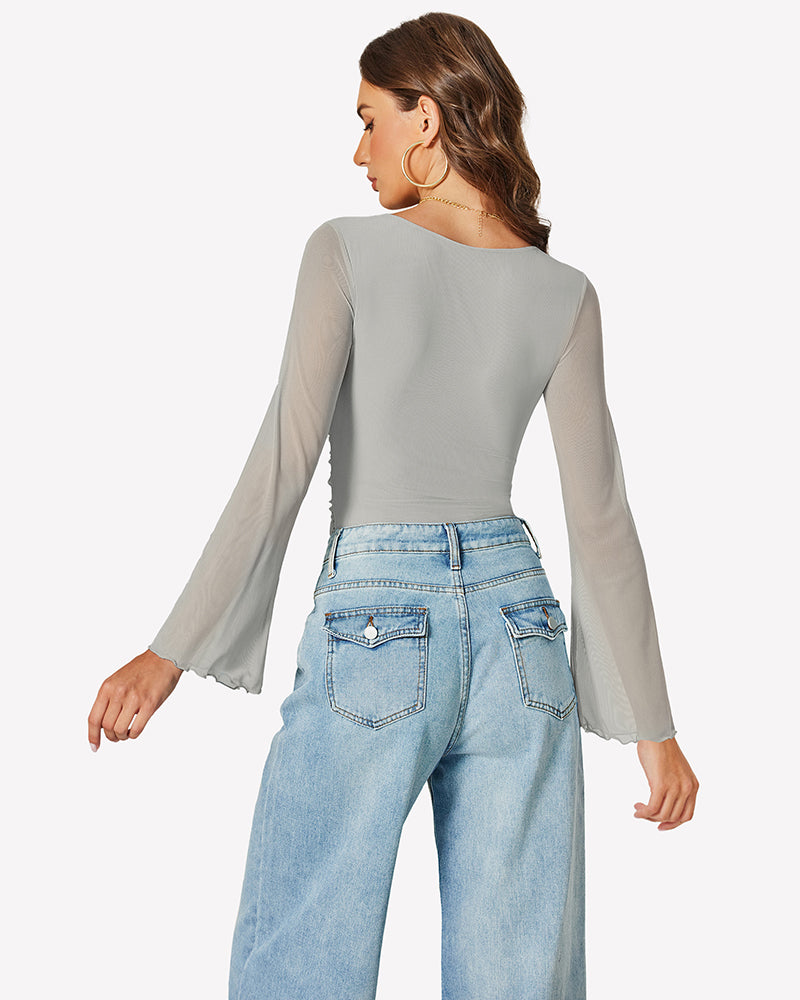 Light grey long-sleeve mesh square-neck bodysuit, flared sleeves, back view