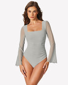 Light grey long-sleeve mesh square-neck bodysuit with ruched front and bell sleeves