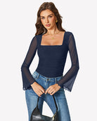 Navy blue mesh square-neck bodysuit with flared long sleeves, hand-on-waist detail