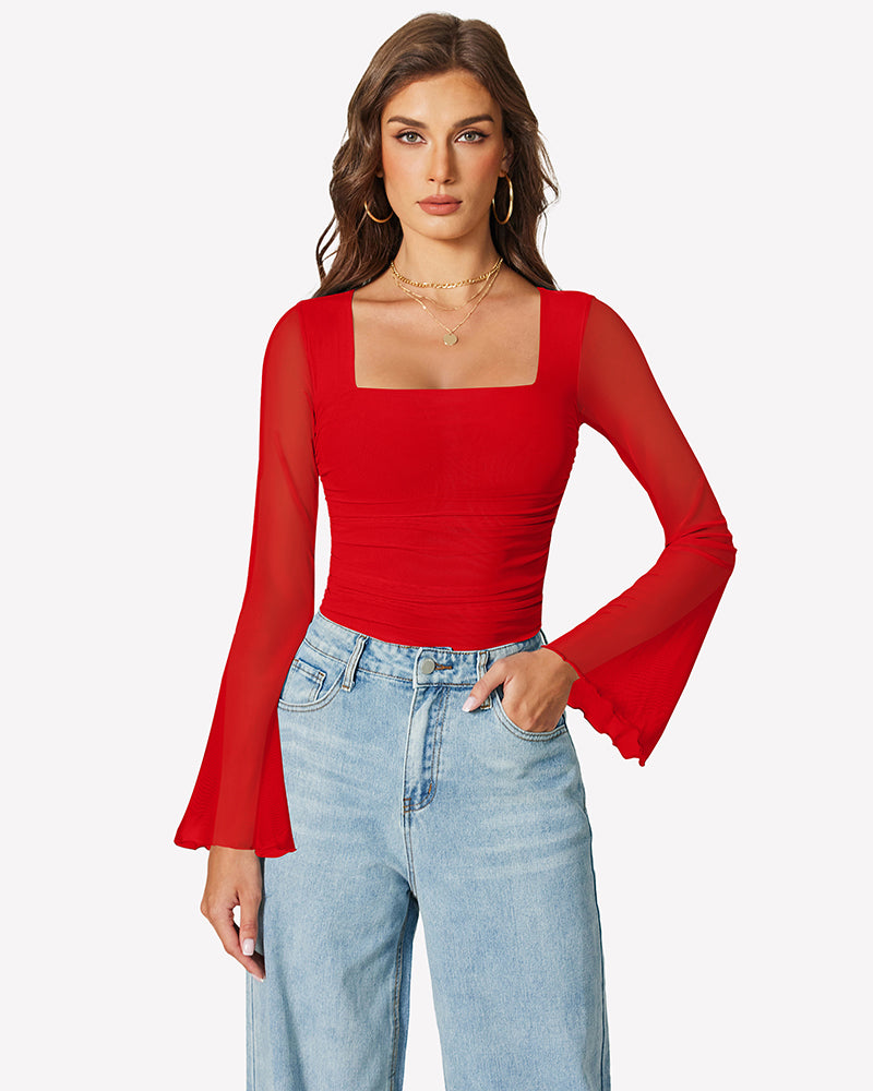 Red long-sleeve mesh square-neck bodysuit with flared bell sleeves