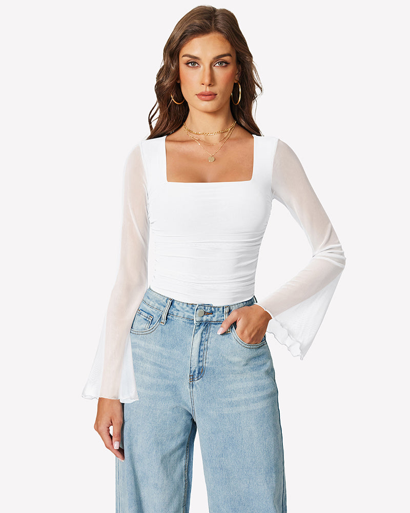 White square-neck mesh bodysuit with long bell sleeves, ruched waist