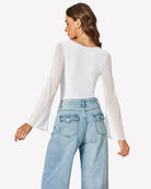 White mesh square-neck bodysuit with long bell sleeves, back view