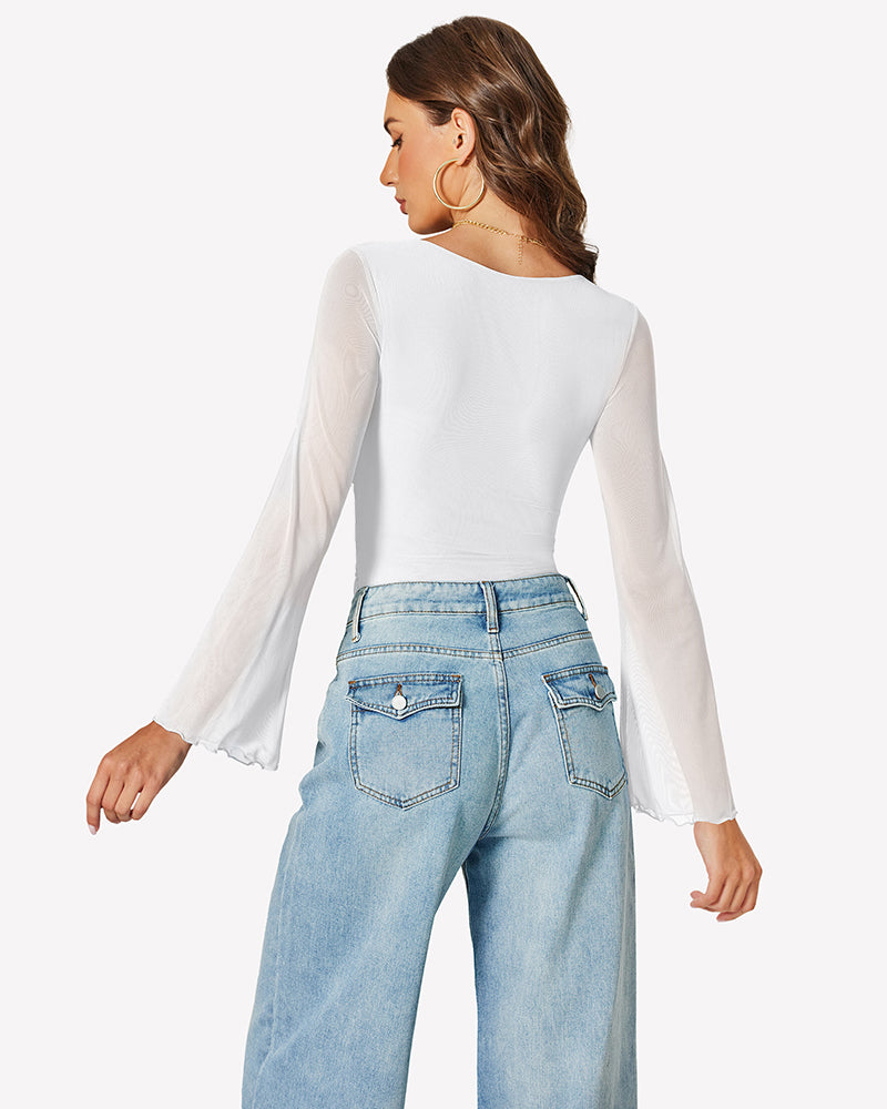 White mesh square-neck bodysuit with long bell sleeves, back view