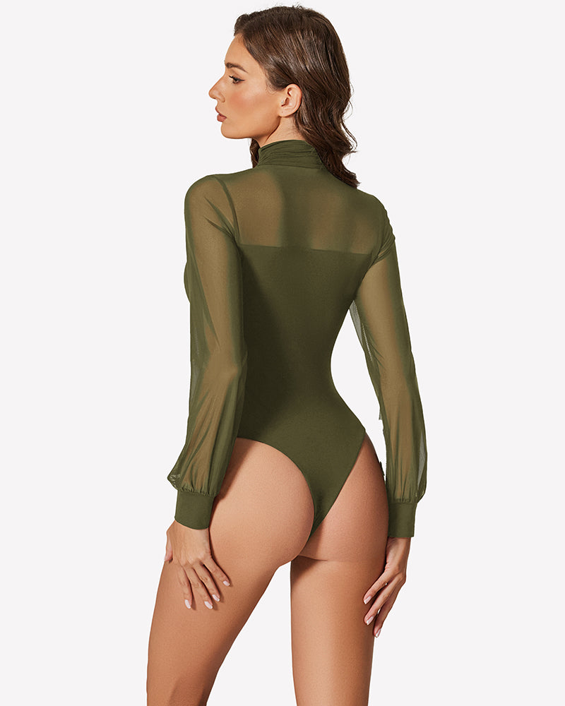 Olive green mesh long-sleeve turtleneck bodysuit, back view