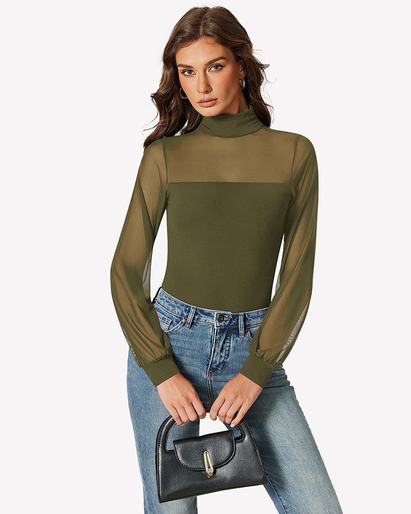 Olive green mesh long-sleeve turtleneck bodysuit with blue jeans and small handbag