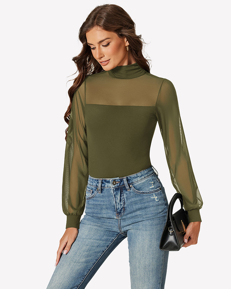 Olive green mesh long-sleeve turtleneck bodysuit with high-cut leg opening