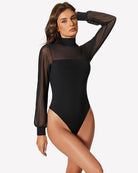 Black mesh long-sleeve turtleneck bodysuit with high-cut leg opening