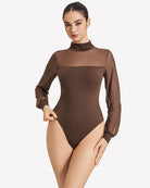 Brown mesh long-sleeve turtleneck bodysuit with high-cut leg opening