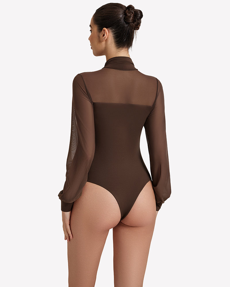 Brown mesh long-sleeve turtleneck bodysuit, back view