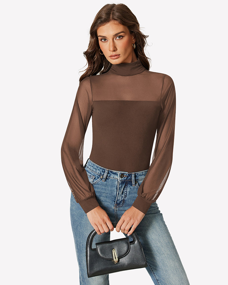 Brown mesh long-sleeve turtleneck bodysuit with blue jeans and black handbag