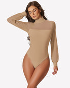 Nude mesh turtleneck long-sleeve bodysuit with high-cut leg and thong bottom