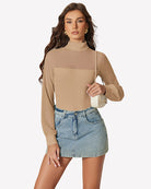 Nude mesh turtleneck long-sleeve bodysuit with fitted silhouette and thong bottom