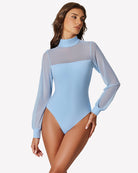 Light blue mesh turtleneck long-sleeve bodysuit with high-cut leg and sheer panels